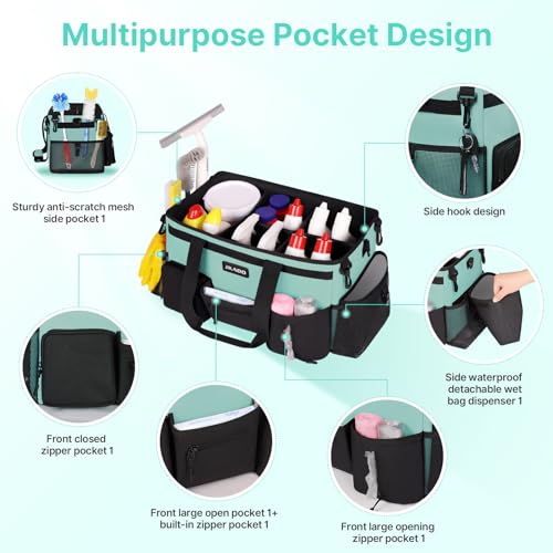 JKAOO Large Wearable Cleaning Caddy Bags, Cleaning Supplies Storage Bag with Handles and Adjustable Shoulder Strap and Removable Waist Straps,Waterproof Cleaning Tote for Home,Car,Office - color: Blue-Green