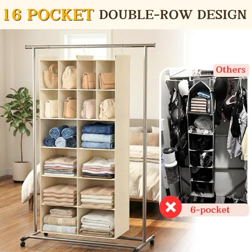 Ofiray-home 6 Tier Hanging Closet Organizer, 16 Compartments Sweater Organizer for Closet with 3 Sturdy Hooks, Closet Organizers and Storage, Wardrobe, Rv, Garment Rack, Beige - color: Beige, size: 6-Tier