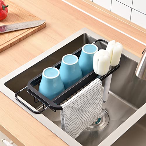 TOOLF Expandable Sink Caddy with Dish Towel Bar, Adjustable Over-The-Sink Organizer for Kitchen, Rustproof Sponge Holder and Drying Rack - size: Small