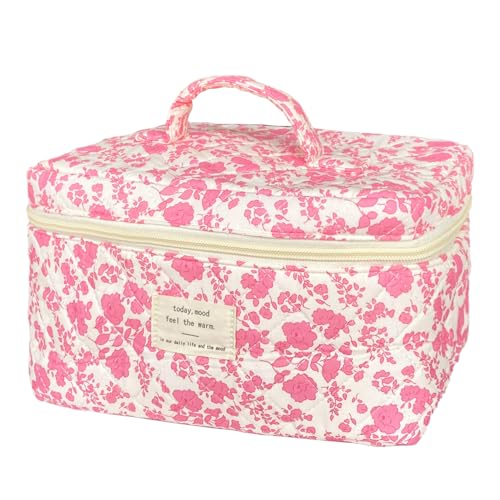 Pink Large Quilted Floral Makeup Bag Cute Soft Coquette Aesthetic Cosmetic Bag Cotton Travel Toiletry Bag for Women - color: A-Pink