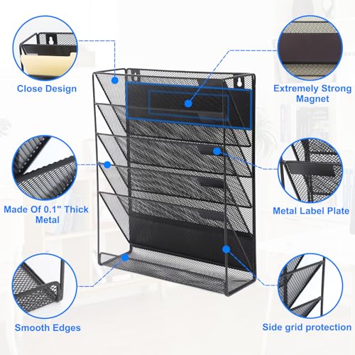 EASEPRES Magnetic File Organizer Mesh 6-Tier, Hanging Wall Mount File Organizer Vertical Holder Rack for Office Home, Black - color: Black, size: 6 Tier Magnetic