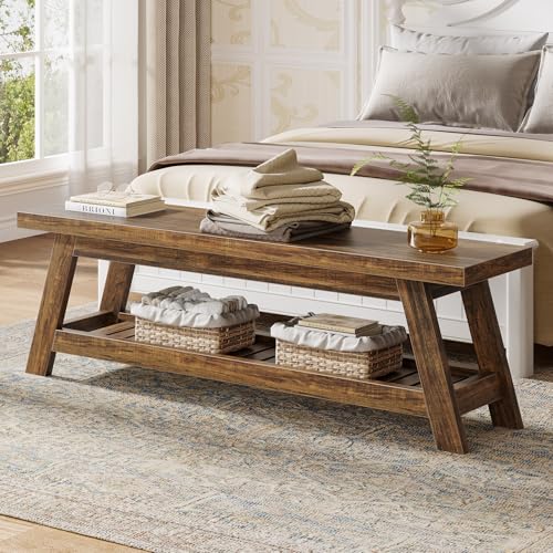 Tribesigns 55" Large Wood Entryway Bench with Shoe Storage, 2-Tier Rustic Brown Narrow Hallway Foyer Seating Bench with Open Shelves for Entryway, Bedroom, Mudroom - color: Rustic Brown