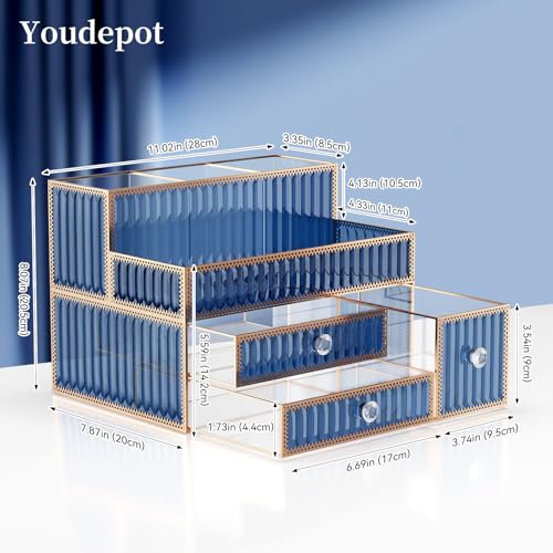 Makeup Organizer Blue - Tempered Glass Vanity Organizer for Cosmetics, Skincare, Hair Tools, Brushes, Perfume - Multipurpose Bathroom Counter Skincare Organizer - color: blue