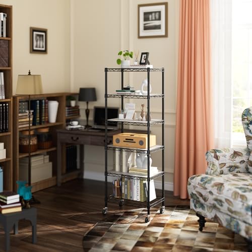 Golpart Small 6 Tier Shelves Storage Wire Shelving Unit Metal Shelf Adjustable Organizers Storage Shelving with Wheels for Bathroom Laundry Room Kitchen Pantry12”D x 18”W x 61.6”H Black - color: Black, size: 6 shelves (12 "D X 18 "W X 61.6 "H)