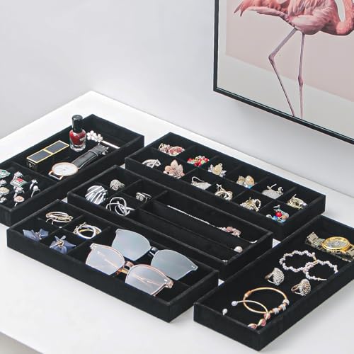 2Pcs Desk Drawer Storage Tray, Nightstand Organizer Tray, Necklace Bracelet Ring Earring Jewelry Display Tray, Grid Table Organizer Holder Tray for Sunglass, Phone, Watch, Perfume (6 grid)/Black - color: Black, size: 6 Grid