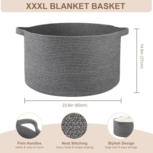 OIASKET Large Woven Baskets for Storage, 23.6" x 23.6" x 14.6" Blanket Storage Living Room, Baby Toy Basket for Clothes, Pillows, Towels, Shoe Basket for Entryway (Dark Grey) - color: Dark Grey, size: 105L