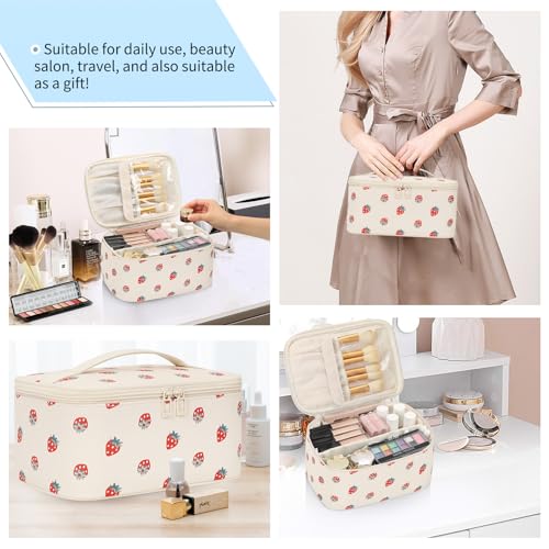OCHEAL Makeup Bag,Travel Makeup Organizer Bag, Large Capacity Cosmetic Bags For Women Large Travel Toiletry Bag Girls Traveling With Brush Slot And Divider-PU Strawberry - color: 0020_Strawberry, size: Medium