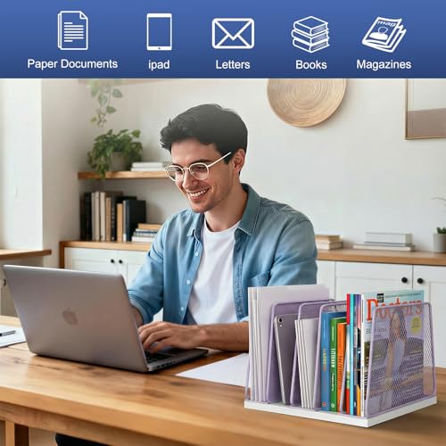 AUPSEN 5-Section File Organizer for Desk, Wood Mesh Desktop File Organizer, File Sorter Storage Rack, Vertical Folder Holder for Files, Magazines, Books (Purple) - color: Purple