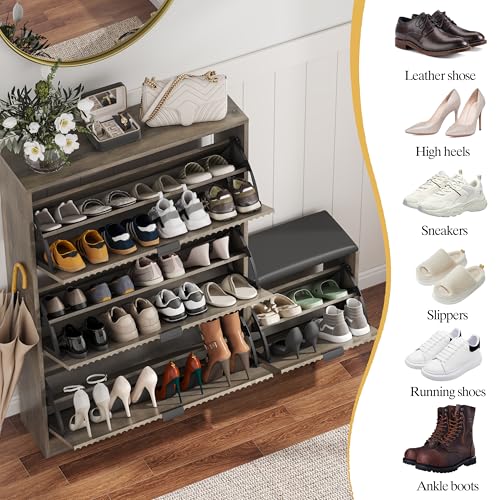 HUANLEGO Shoe Cabinet Storage for Entryway with 4 Flip Drawers, Grey Fluted Shoe Cabinet with Bench, Wooden Hidden Shoe Rack Freestanding Narrow Slim Shoes Storage Organizer for Hallway, Entrance - color: Grey, size: 4 Drawer with Bench