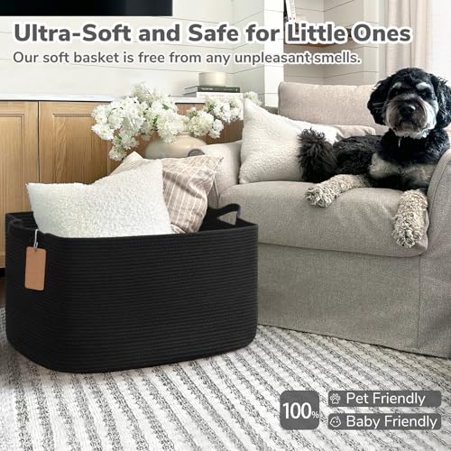 Goodpick Woven Storage Baskets for Organizing 22”x17”x12” Large Blanket Basket for Living Room Bedroom, Rectangle Nursery Baby Toy Storage Basket for Kids Boys, Black - color: Black, size: 22"L x 17"W x 12"H