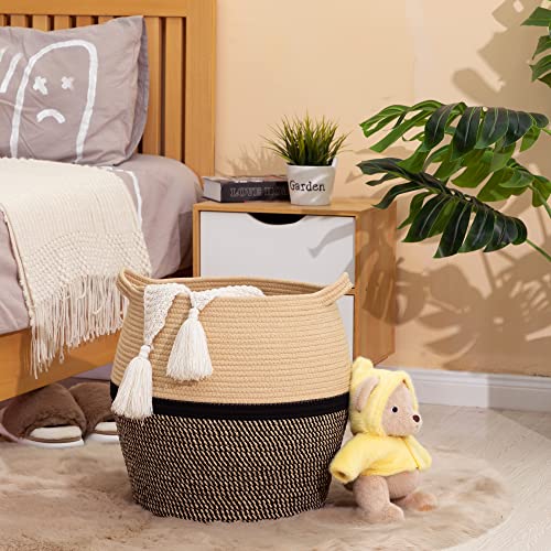 KAKAMAY Woven Baskets for Storage(17"x17"),Large Cotton Rope Woven Baby Laundry Hamper,Collapsible Laundry Basket, Blanket Basket for Organizing Living Room,Nursery,Clothes,Toy chest (Black) - color: Black