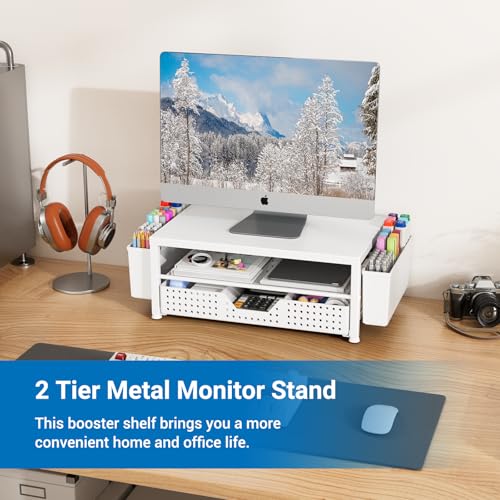 Wood Metal Monitor Stand Riser, Laptop Stand for Desk, Office Desk Organizer and Accessories, Computer Desktop Shelf with Drawer and Pen Holder, Printer Stand for Home, Office, Dorm (White Wood) - color: White Wood