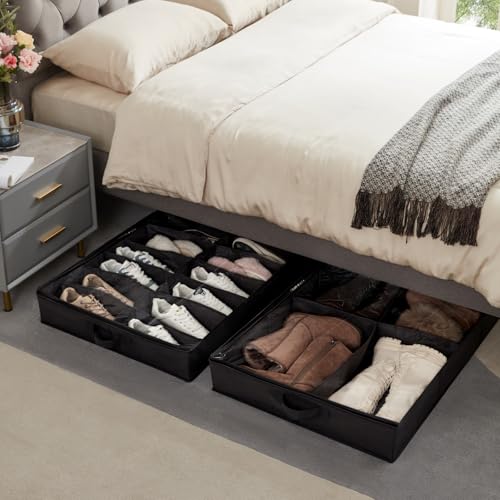Lifewit Under Bed Shoe Storage Organizer 2 Pack(16 Shoes Cells+4 Boots Cells), 4.3 Inches Profile Fabric Shoes Container Box with Clear Cover, Foldable Storage Bag with 2 Handles, Fits 24 to 40 Pairs - style: 16 Shoes Cells+4 Boots Cells