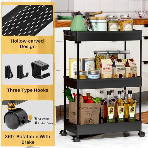 SPACEKEEPER Rolling Storage Cart 3 Tier Bathroom Cart Organizers with Wheels Laundry Room Organization Mobile Shelving Unit Utility Cart Storage Shelves Multi-Functional for Office, Home, Black - color: Black, size: 3 Tier