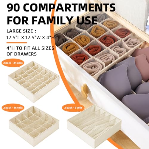 Criusia 6 Pcs Drawer Organizer Clothes - 90 Cells Closet Organizers and Storage for Baby Nursery - Washable Fabric Dresser Organizer Dividers for Sock Underwear Bra Dorm Room Essentials (Beige) - color: Beige, size: 6 Pack & 90 Cells Full Set