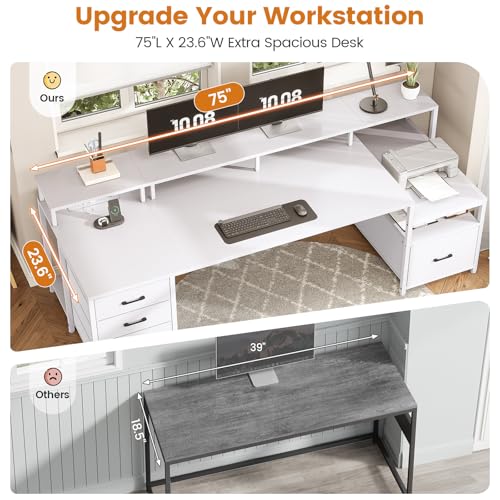 SEDETA White Computer Desk with 5 Drawer & Power Outlet, 75'' Home Office Desk with File Drawer, Storage Shelves, Printer Cabinet and Monitor Shelf, Gaming Desk with Led Lights, 23.6" W Desktop - color: White, size: 75X23.6inch
