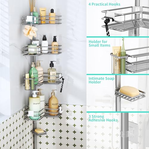 HapiRm Corner Shower Caddy Organizer - Shower Organizer Corner with Soap Holder, Toothbrush Holder and 4 Hooks, Rustproof Bathroom Shelf Tension Pole Available for 27.6 to 108.3 Inch - Silver - color: Silver
