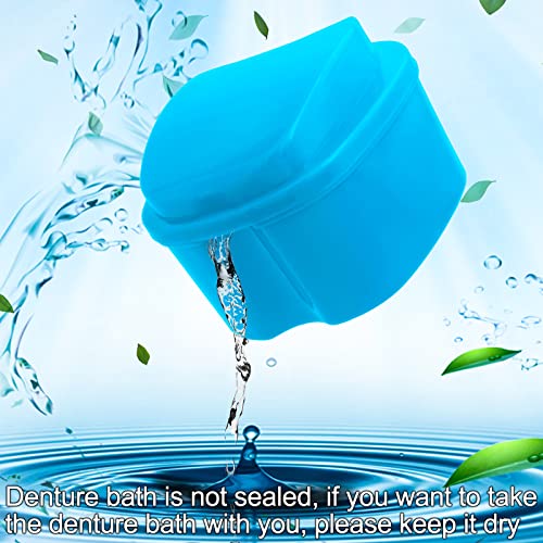Keedolla 2 Pack Cute Denture Cups Denture Bath Container for Soaking False Teeth, Denture Storage Container Soaking Bath Case with 2 Brush - Blue and White - color: Blue & White