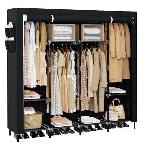 CASAMAYA Portable Closet, 66.9 Inch Large Capacity Wardrobe Closet with Cover, Clothes Storage Organizer with Shelves and 4 Hanging Rods, Easy to Assembly, Black PCT204B01 - size: 66.9"L x 17.7"W x 70.9"H