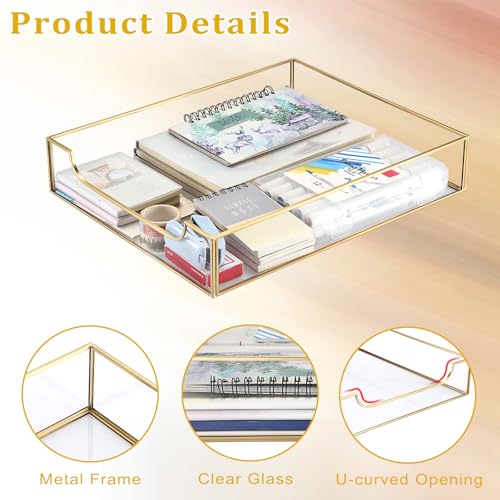BTSKY 2 Pack Golden Glass Desk Tray, Multi-Purpose Organizer for A4 Paper, Documents, Desk Supplies, Makeup, Clear File Tray with Metal Frame, Stackable Decorative Storage for Home Office Vanity