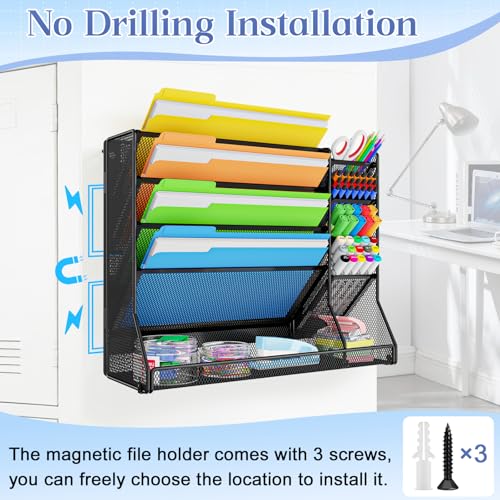 Magnetic File Organizer 5-Tier, No Drilling Installation, Office Magnetic Paper Holder with R-shaped Tray, Wall Hanging File Organizer, Mail Organizer for Refrigerator & Whiteboard & File Cabinet - size: 5-Tire & Magnetic