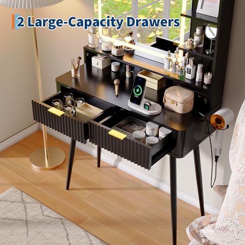 Garvee Fluted Vanity Desk with Mirror and Lights, 31 in Small Makeup Vanity Storage Cabinet & 2 Drawers, 3 Lighting Modes, Stylish Dressing Table for Bedroom - color: Deep Black