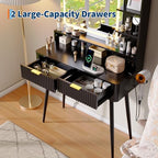 Garvee Fluted Vanity Desk with Mirror and Lights, 31 in Small Makeup Vanity Storage Cabinet & 2 Drawers, 3 Lighting Modes, Stylish Dressing Table for Bedroom - color: Deep Black