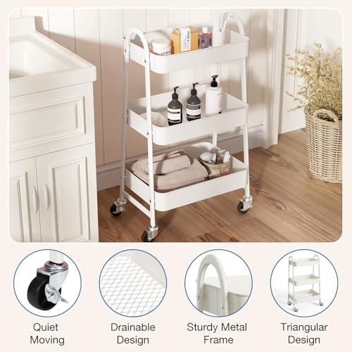 OLIXIS Metal 3 Tiers Utility Rolling Cart, Mobile Storage Shelf with Lockable Caster Wheels, Organization for Livingroom, Bathroom & Narrow Places, White - color: 3-tiered White, size: 3-Tiered 17 inches