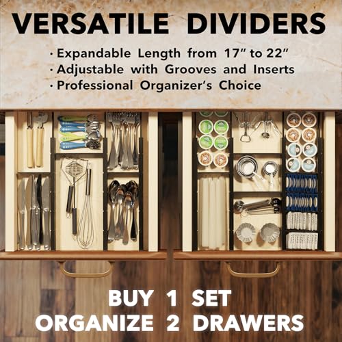 SpaceAid Bamboo Drawer Dividers with Inserts and Labels, Kitchen Adjustable Drawer Organizers, Expandable Organization for Home, Office, Dressers, 7 Dividers with 15 Inserts (17"-22" Black) - color: BLACK, size: 2.35''H, 17''-22''L, 7 Dividers