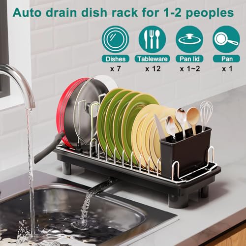 junyuan Compact Dish Drying Rack,Small Dish Rack for Kitchen Counter, Dish Drainer with 360° Rotatable Spout,Plate Rack, Dish Strainer with Cutlery Holder for Pots, Fork & Knives Space Saving - size: 1 Tier Countertop