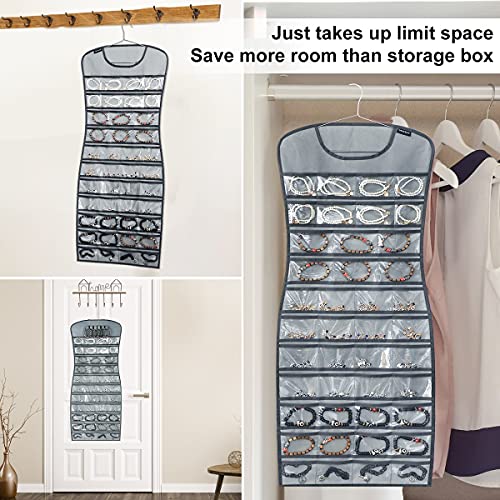 Hanging Jewelry Organizer Dual Sided 84 Clear Pockets and 6 Hook Loops Storage for Holding Jewelries Hair Accessories Dress Shaped Earring Holder (84 Pockets and 6 Hook Loops -Grey) - color: 84 Pockets and 6 Hook Loops -Grey