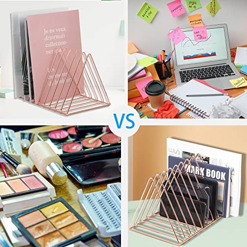 EASEPRES Rose Gold Magazine Holder, Desktop File Sorter Organizer Triangle 9 Slot Newspaper Record Storage Shelf Rack for Home Office Decoration - color: Rose Gold