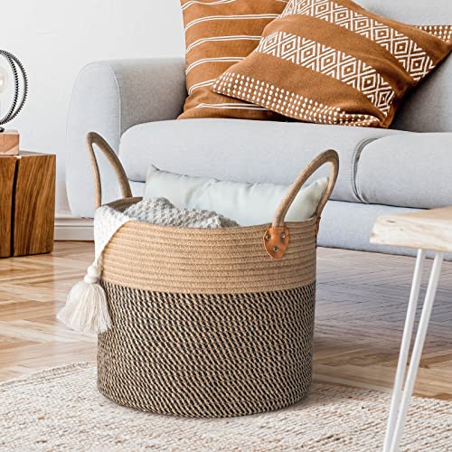CHICVITA Wicker Laundry Basket With Handles, Storage Baskets for Decor, Rope Basket for Blankets, Toys, Clothes, Shoes, Plant Basket for Living Room, 14" X 14" X 12" - color: Black, size: 14"W x 12"H
