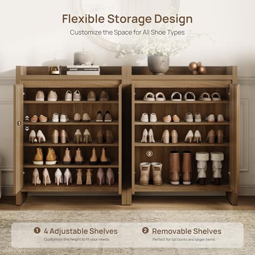 SICOTAS Shoe Cabinet - Fluted Shoe Storage Cabinet for Entryway, 48-Pair Shoes Organizer with Doors & Adjustable Shelves, 2 Pieces Large Shoes Rack Entrance Storage Cabinet for Hallway, Living Room - color: Reclaimed Caramel Oak, size: 2 Pieces