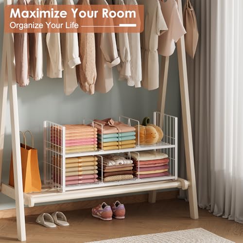 Hongtamoya Stackable Closet Storage Shelf, Adjustable Divider Clothes Shelves Organizer for Jeans Pant Shirt Sweater Bag Purse Shoe, Clothing Shelving Rack for Bedroom RV Wardrobe Closet System-White