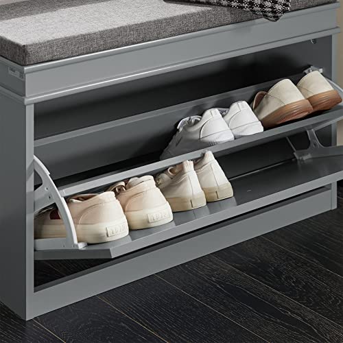 Haotian Grey Hallway Shoe Bench, Narrow Shoe Rack with Adjustable Shelf, Small Shoe Cabinet with 1 Flip-Drawer and Seat Cushion, FSR82-K-HG