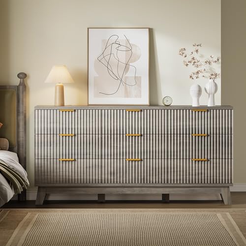 BORNOON Fluted 9 Drawer Dresser, 57.1" Wide Modern Boho Chest of Drawers, Wooden Storage Dresser TV Stand for Bedroom, Living Room, Closet, Hallway, Curved Profile Design - color: Rustic Drift, size: 9 Drawers