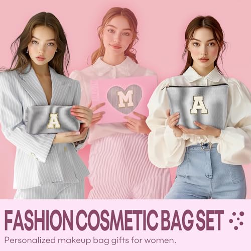 2 PCS Initial Makeup Bags for Women: Cosmetic Bag for Travel Toiletry - Birthday Gifts for 11 12 13 14 15 16 17 18 Years Old Girl Graduation Teacher Gift- Teen Girl Gifts Trendy Stuff - Black A - color: Black, style: A