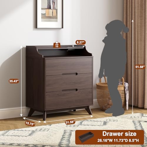 3 Drawer Dressers for Bedroom, 32" Large Wood Dresser w/Charging Station, Open Shelf Top, Pre-Installed Slides, Wide Modern Dressers with 3 Drawer Storage Organizer for Bedroom Living Room, Brown - color: Brown, size: 16"D x 32"W x 35"H (3 Drawers)