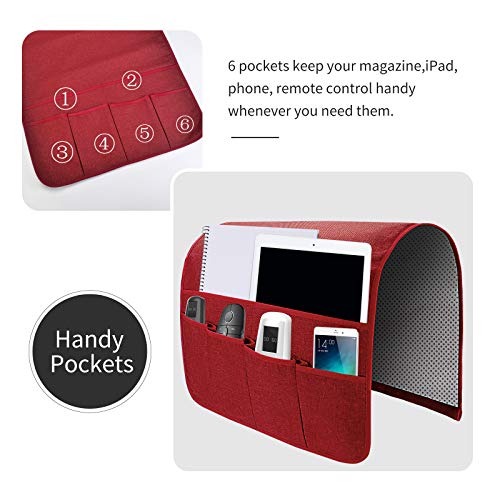 Sofa Armrest Organizer, Remote Control Holder for Recliner Couch, Arm Chair Caddy with 6 Pockets for Magazine, Tablet, Phone, iPad - color: Burgundy, size: W19'' x L33''