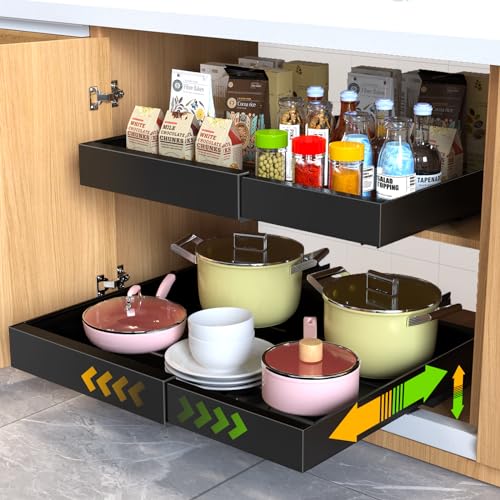 Mlinavn 2 Pack Pull Out Cabinet Organizer,21" Deep Slide Out Drawer Organizers,No Drill Pull Out Drawers Adhesive with Nano Compatible Framed Cabinets Shelves for Kitchen Pantry Adjustable Width - color: Black, size: 21"D x12.4"-20.47"W (2 Pack)