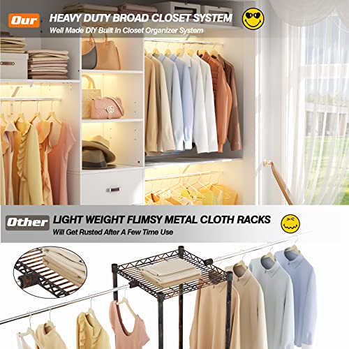 Armocity 96 Inches Closet System, 8FT Walk In Closet Organizer with 3 Shelving Towers, Heavy Duty Clothes Rack with 3 Drawers, Built-In Garment Rack, 96" L x 16" W x 75" H, Max Load 1000 LBS, White - color: White