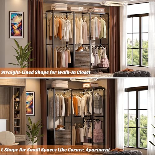 Aheaplus Garment Rack Heavy Duty Clothes Rack for Hanging Clothes,Clothing Rack with Drawers, Wood Stoarge Shelf Wardrobe Rack, Freestanding Closet Corner L Shaped Closet System Organizers,Black Oak - color: Black Oak