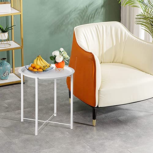 VECELO Side/End Table, Folding Round Metal Anti-Rust and Waterproof Outdoor or Indoor Tray for Living Room Bedroom Balcony and Office, 1 PCS, Beige - color: Beige, size: 1 PCS