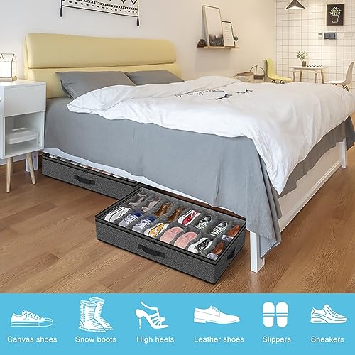 Under Bed Shoe Storage Organizer for Closet, 32 Pairs Sturdy Underbed Shoe Storage Boxes Bins Container Foldable Shoes Storage with Reinforced Handles & Clear Window for College Dorms Grey, Set of 2 - color: Basalt Grey