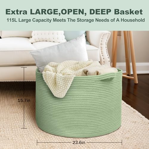MEGASKET 115L Oversized Green Basket, 23.6"x15.7" Woven Cotton Rope Bin for Blankets, Nursery Wicker Laundry Hamper, Kids Toy Storage Bin, Sage Green Living Room Bedroom Decor Baskets for Organizing - color: Green, size: 23.6"x23.6"x15.7"