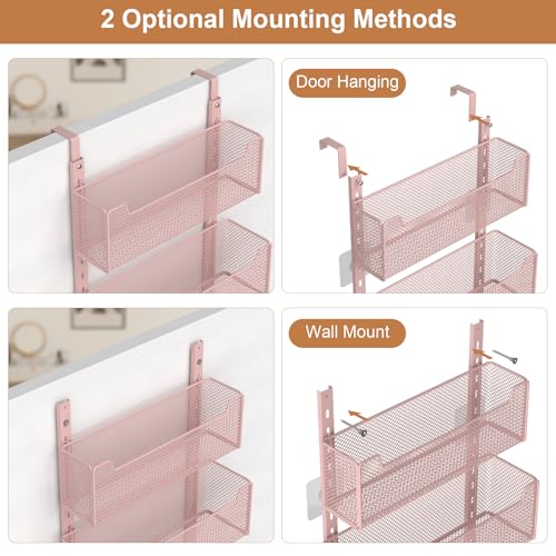 VyGrow Over The Door Organizer, Metal Door Organizer Hanging with 5 Adjustable Baskets and Coat Hook, Behind The Door Storage for Bedroom Closet Bathroom Pantry Cabinet Kitchen, Pink - color: Pink, size: 5-Tier