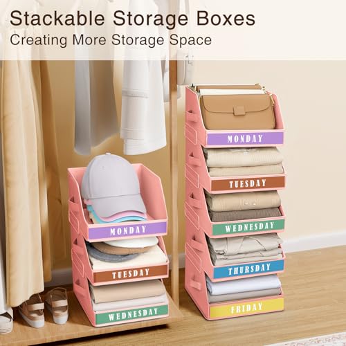 Homsorout Closet Organizers and Storage - 5 Tier Shelf Organizer with Weekly Labels, Stackable Storage Bins with Metal Frame, Foldable Cube Bins, Home Baskets for Kids and Adults, Pink - color: Pink