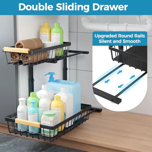 Under Sink Organizer, 2 Pack 2 Tier Under Sink Organizers and Storage, Pull Out Slide Out Under Cabinet Organizer Shelf, Large Metal Sliding Drawers Rack for Kitchen Bathroom.