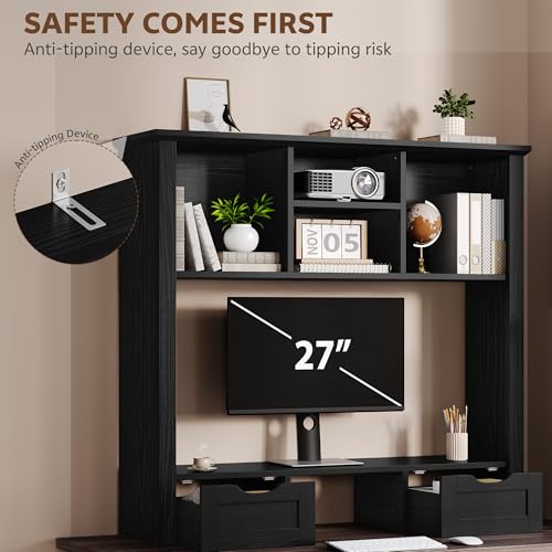 Desk Shelf with Computer Monitor Stand, 37.4''W Desktop Bookshelf Display Rack, Desktop Organizer Storage Rack with Cubbies & Drawers, 5-Tier Hutch for Home, Office, Dorm, Vanity, Black - color: Black, size: 37.4''W with Monitor Stand